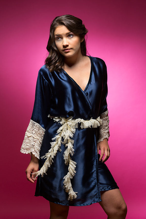 Deep Sapphire Blue Satin Robe with Ivory Lace Accented Cuffs