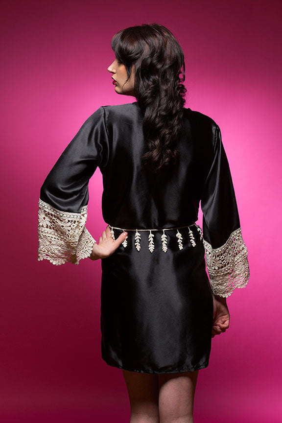 Black Satin Robe with Ivory Lace Accented Cuffs