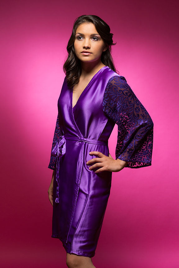 Beautiful Purple Robe Amethyst Purple Satin Robe with Brasso Sleeves | Laughing Cherries