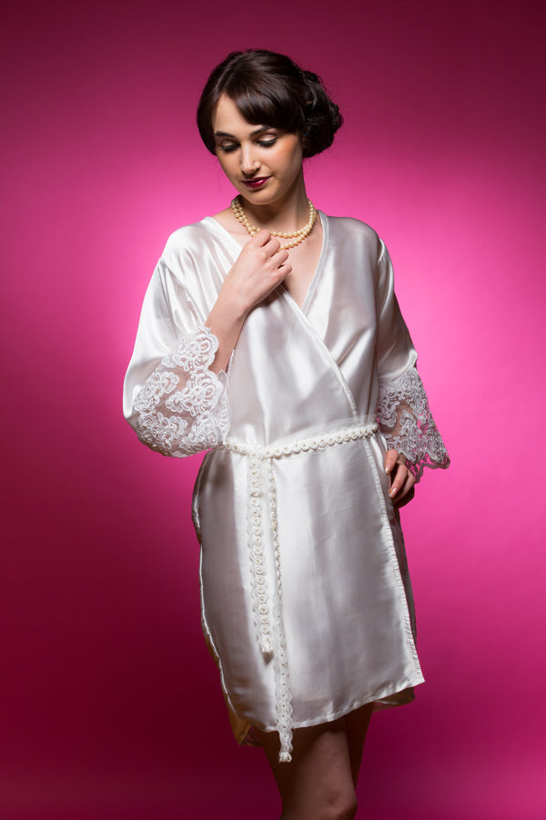 White Satin Robe with Lace Accented Cuffs