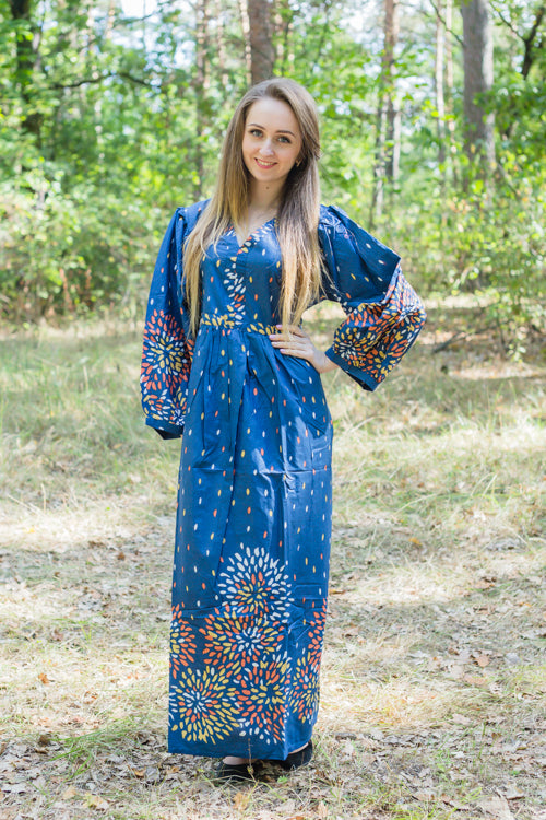 Dark Blue My Peasant Dress Style Caftan in Abstract Floral Pattern