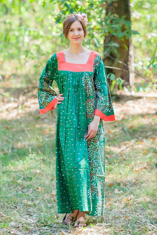 Dark Green Fire Maiden Style Caftan in Abstract Floral Pattern