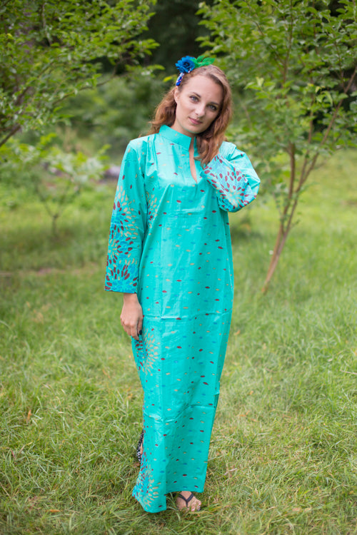 Teal Mandarin On My Mind Style Caftan in Abstract Floral Pattern