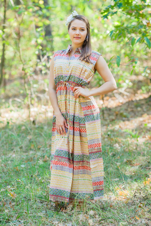 Yellow Cool Summer Style Caftan in Abstract Geometric Pattern