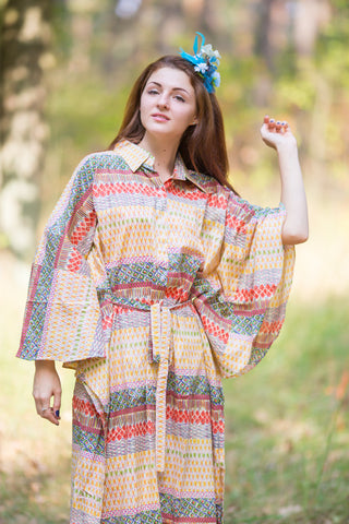 Yellow Oriental Delight Style Caftan in Abstract Geometric Pattern