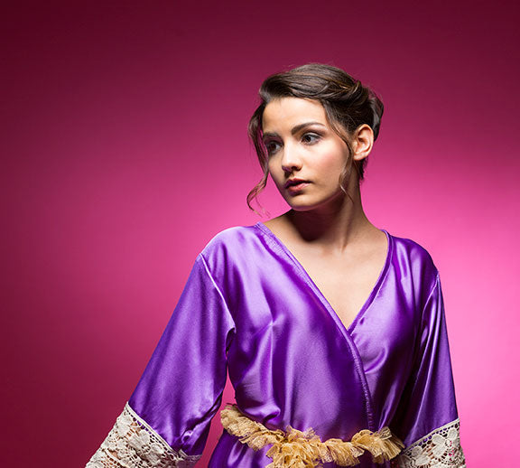 Beautiful Purple Robe Amethyst Purple Satin Robe with Lace Accented Cuffs | Laughing Cherries