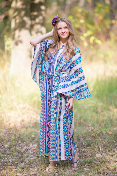 Gray Oriental Delight Style Caftan in Aztec Geometric Pattern