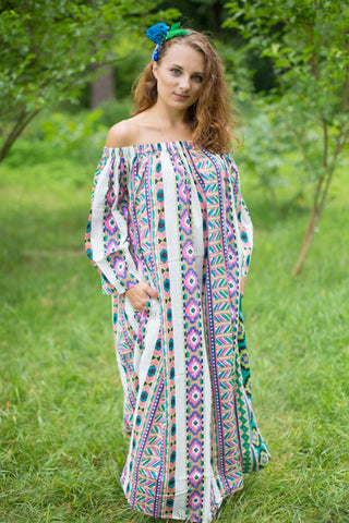 Off-White Green Serene Strapless Style Caftan in Aztec Geometric Pattern