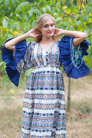 White Blue Frill Lovers Style Caftan in Aztec Geometric Pattern