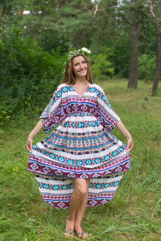 White Burgundy High Low Wind Flow Style Caftan in Aztec Geometric Pattern