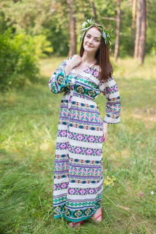 White Green Button Me Down Style Caftan in Aztec Geometric Pattern