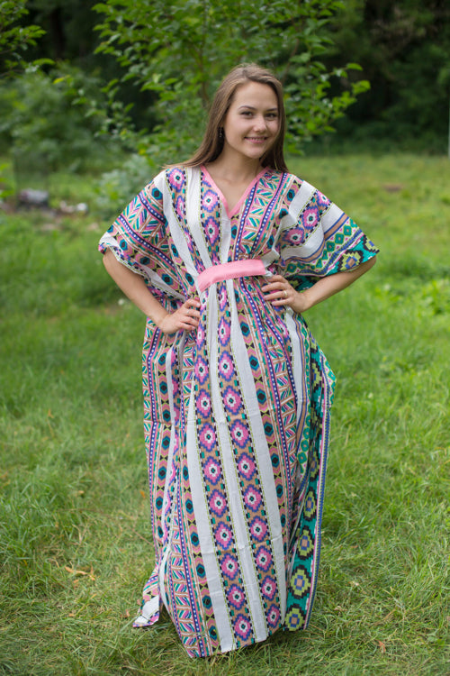 White Green Unfurl Style Caftan in Aztec Geometric Pattern