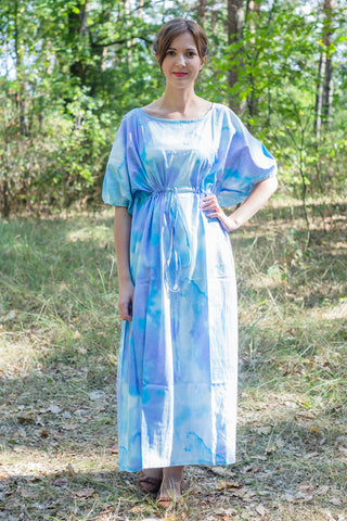 White Blue Cut Out Cute Style Caftan in Batik Watercolor Pattern