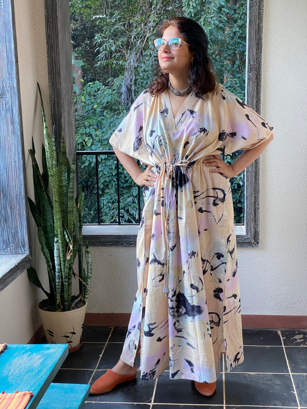 Flamingo Watercolor V-Neck, Cinched Waist Ankle Length Kaftan