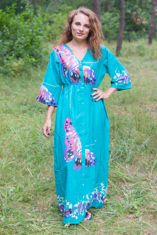 Teal Button Me Down Style Caftan in Big Butterfly Pattern