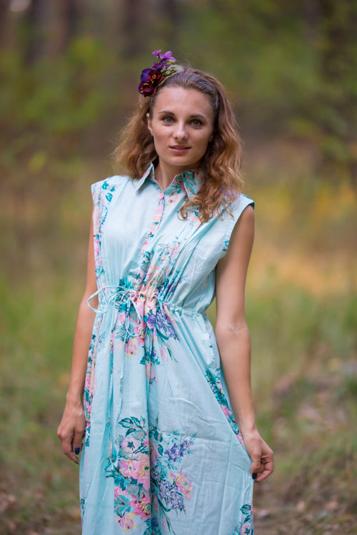 Light Blue Cool Summer Style Caftan in Blooming Flowers Pattern|Light Blue Cool Summer Style Caftan in Blooming Flowers Pattern|Blooming Flowers