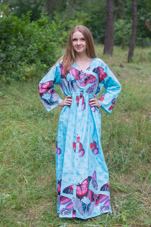 Light Blue Button Me Down Style Caftan in Butterfly Baby Pattern