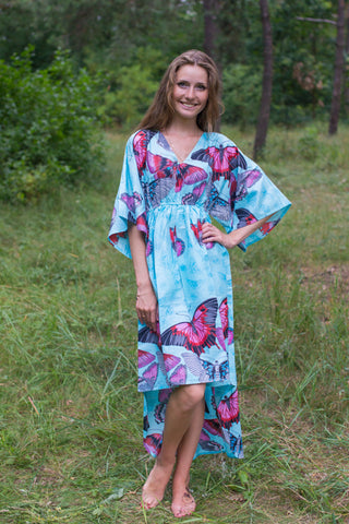 Light Blue High Low Wind Flow Style Caftan in Butterfly Baby Pattern