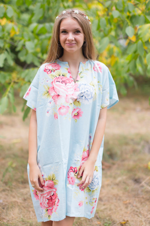 Light Blue Sunshine Style Caftan in Cabbage Roses Pattern