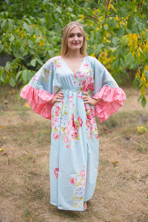 Light Blue Pretty Princess Style Caftan in Cabbage Roses Pattern