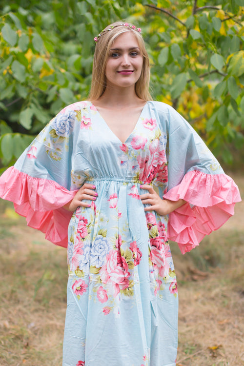 Light Blue Frill Lovers Style Caftan in Cabbage Roses Pattern