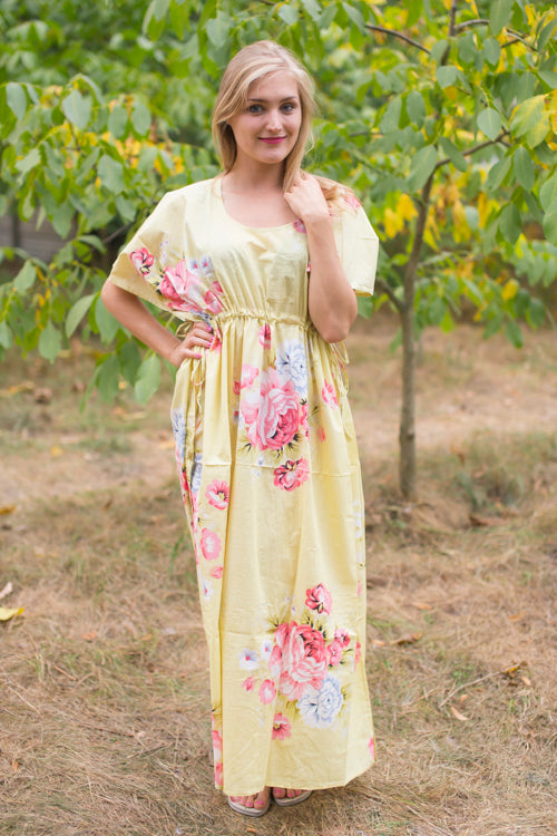 Light Yellow Side Strings Sweet Style Caftan in Cabbage Roses Pattern|Cabbage Roses