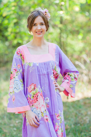 Lilac Fire Maiden Style Caftan in Cabbage Roses Pattern