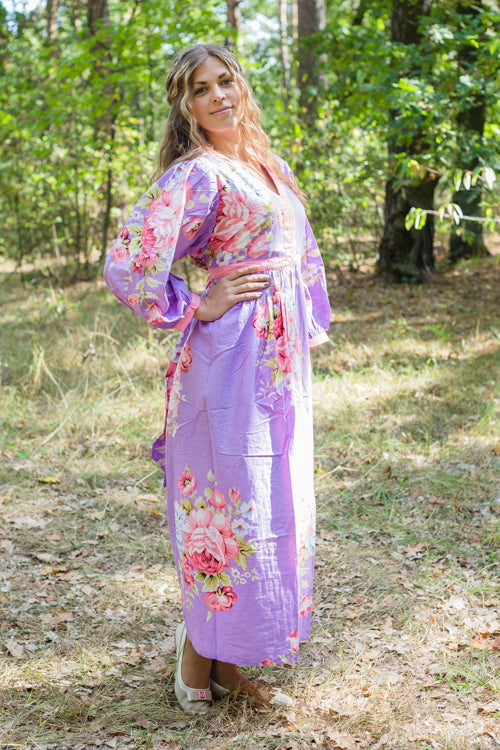 Lilac My Peasant Dress Style Caftan in Cabbage Roses Pattern|Lilac My Peasant Dress Style Caftan in Cabbage Roses Pattern|Cabbage Roses