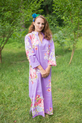 Lilac Mandarin On My Mind Style Caftan in Cabbage Roses Pattern