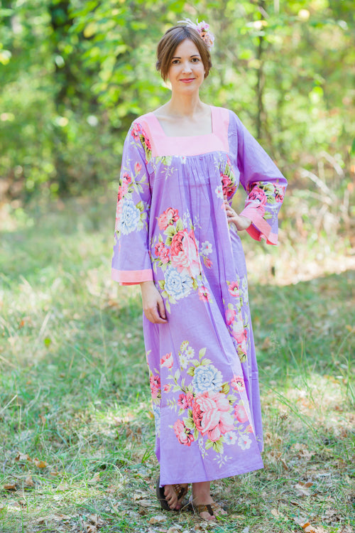 Lilac Fire Maiden Style Caftan in Cabbage Roses Pattern