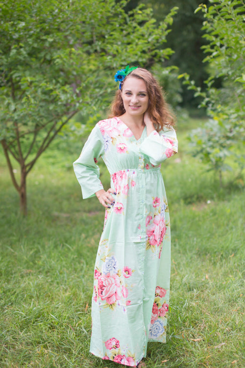 Mint Button Me Down Style Caftan in Cabbage Roses Pattern|Mint Button Me Down Style Caftan in Cabbage Roses Pattern|Cabbage Roses