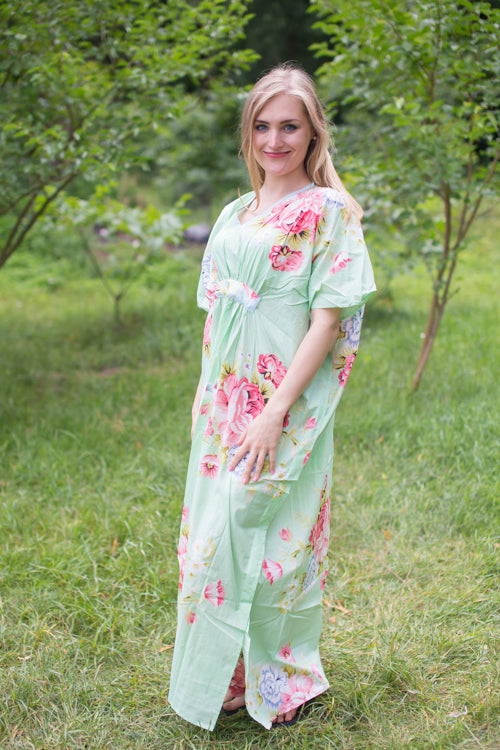 Mint Unfurl Style Caftan in Cabbage Roses Pattern