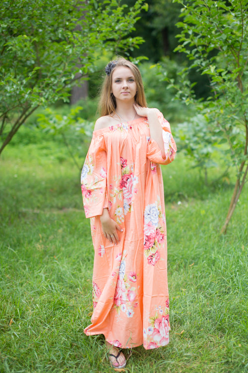 Peach Serene Strapless Style Caftan in Cabbage Roses Pattern|Peach Serene Strapless Style Caftan in Cabbage Roses Pattern|Cabbage Roses