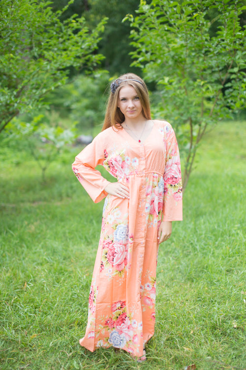 Peach Button Me Down Style Caftan in Cabbage Roses Pattern|Cabbage Roses|Peach Button Me Down Style Caftan in Cabbage Roses Pattern