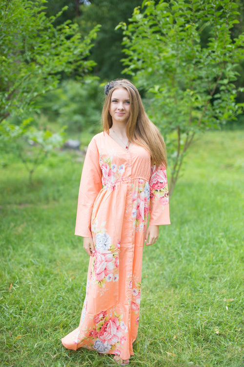 Peach Button Me Down Style Caftan in Cabbage Roses Pattern