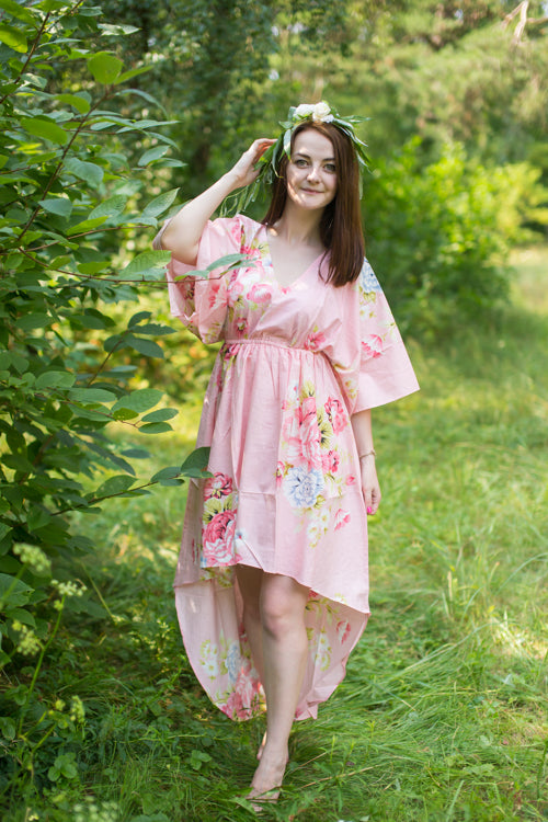 Peach High Low Wind Flow Style Caftan in Cabbage Roses Pattern