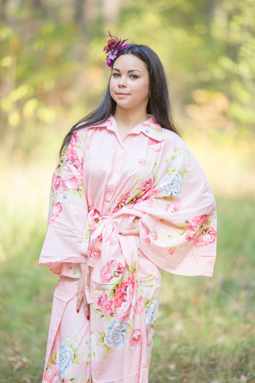 Pink Oriental Delight Style Caftan in Cabbage Roses Pattern