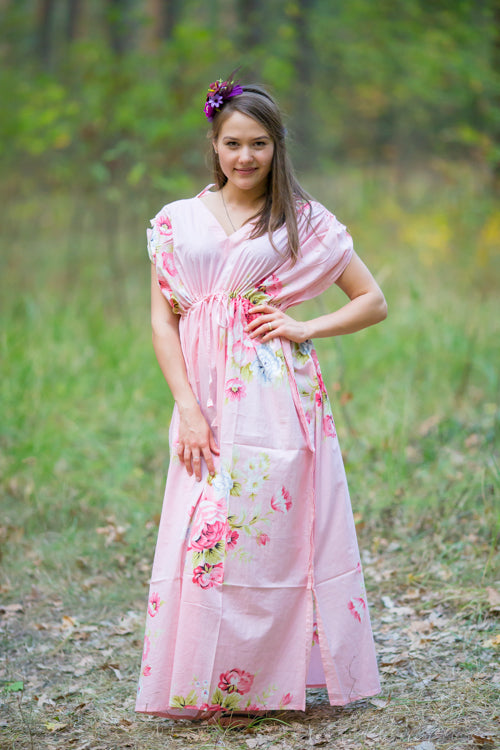 Pink Magic Sleeves Style Caftan in Cabbage Roses Pattern