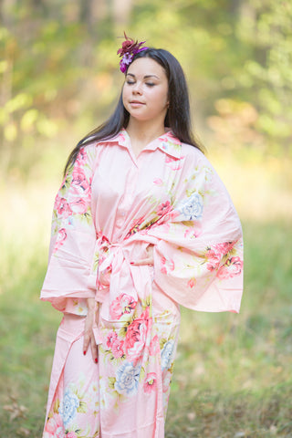 Pink Oriental Delight Style Caftan in Cabbage Roses Pattern