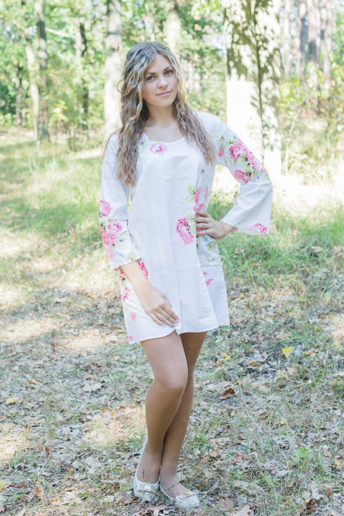 White Bella Tunic Style Caftan in Cabbage Roses Pattern