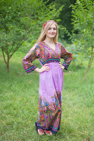 Lilac Button Me Down Style Caftan in Cheerful Paisleys Pattern