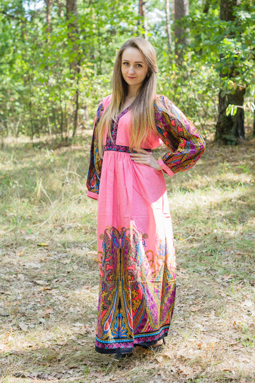 Pink My Peasant Dress Style Caftan in Cheerful Paisleys Pattern