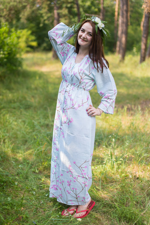 Light Blue Button Me Down Style Caftan in Cherry Blossoms Pattern|Light Blue Button Me Down Style Caftan in Cherry Blossoms Pattern|Cherry Blossoms