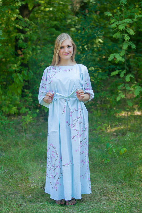 Light Blue Mademoiselle Style Caftan in Cherry Blossoms Pattern | Laughing Cherries Light Blue Mademoiselle Style Caftan in Cherry Blossoms Pattern | Laughing Cherries