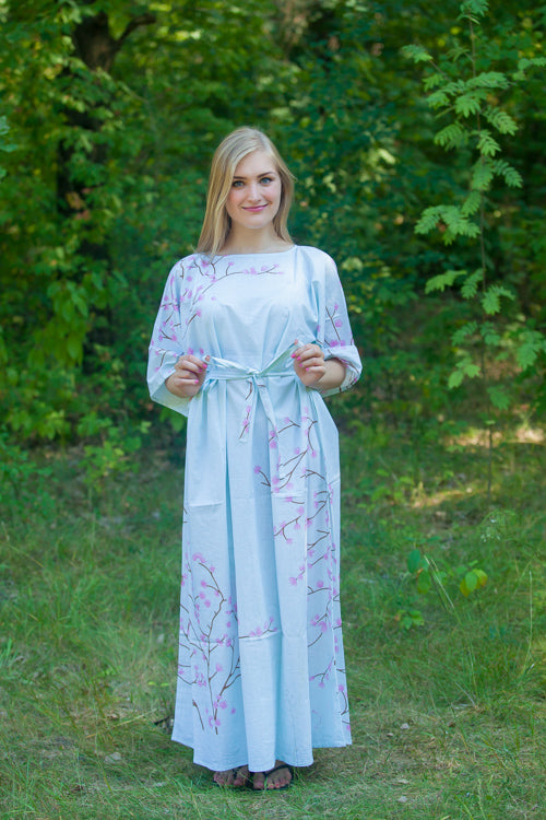 Light Blue Mademoiselle Style Caftan in Cherry Blossoms Pattern