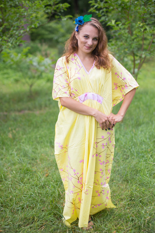 Light Yellow Unfurl Style Caftan in Cherry Blossoms Pattern