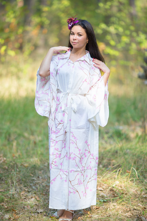 White Oriental Delight Style Caftan in Cherry Blossoms Pattern