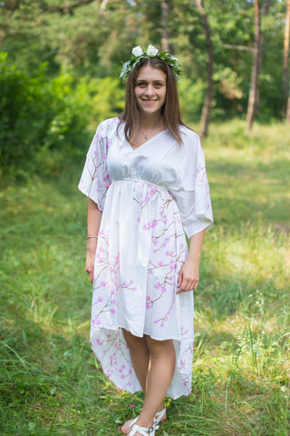 White High Low Wind Flow Style Caftan in Cherry Blossoms Pattern