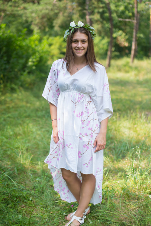 White High Low Wind Flow Style Caftan in Cherry Blossoms Pattern