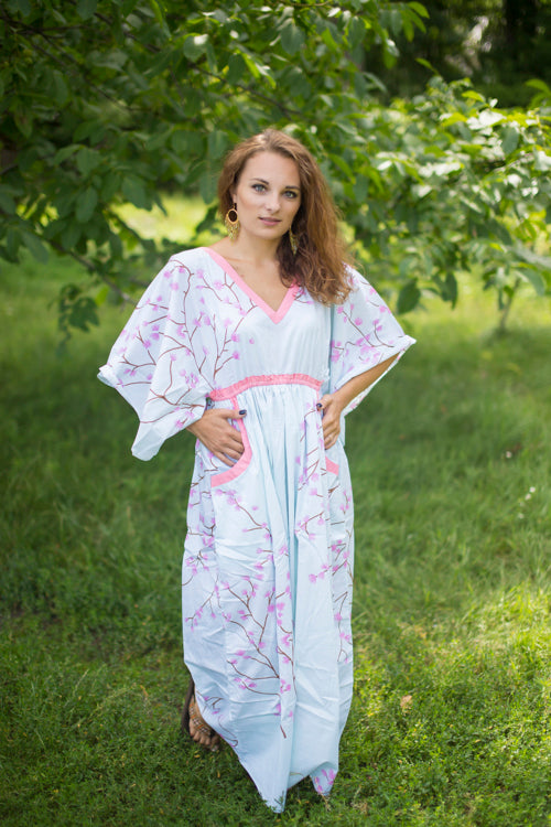 White Breezy Bohemian Style Caftan in Cherry Blossoms Pattern